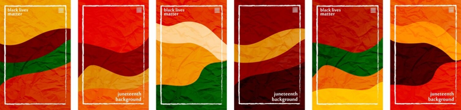 Juneteenth theme color tone, hues crushed paper vertical background template frame. Black lives matter. Set of 6 color collections. User interface backdrop texture, pattern. Online app visual concept.