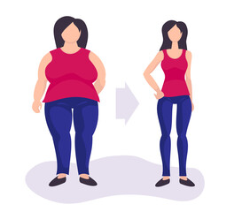 Slim and plump girls in sportswear. Woman before and after weight loss. Vector stock illustration