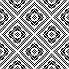 Slavic embroidery motif. Ethnic figure wallpaper. Seamless surface pattern design with black polygons ornament on white background. Digital paper for page fills, web designing, textile print. Vector.