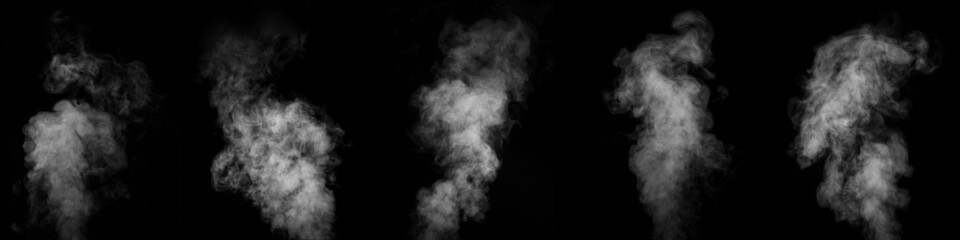 A set of five different types of swirling smoke, steam, isolated on a black background for...