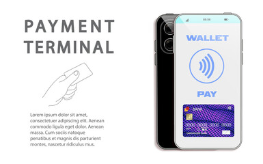 Fototapeta na wymiar Vector payment machine and credit card banner. POS terminal confirms the payment by debit credit card, invoce. Vector illustration in flat design. NFC payments concept.