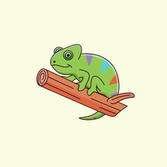 Cartoon cute chameleon on a branch. animal illustration