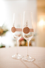 Two empty glasses in close-up. Beautiful wedding decor