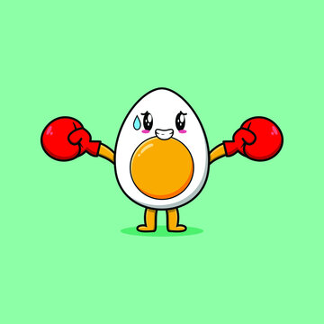 Cute Boiled egg mascot cartoon playing sport with boxing gloves and cute stylish design 