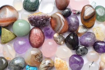 Gems of various colors. Amethyst, rose quartz, agate, apatite, aventurine, olivine, turquoise,...