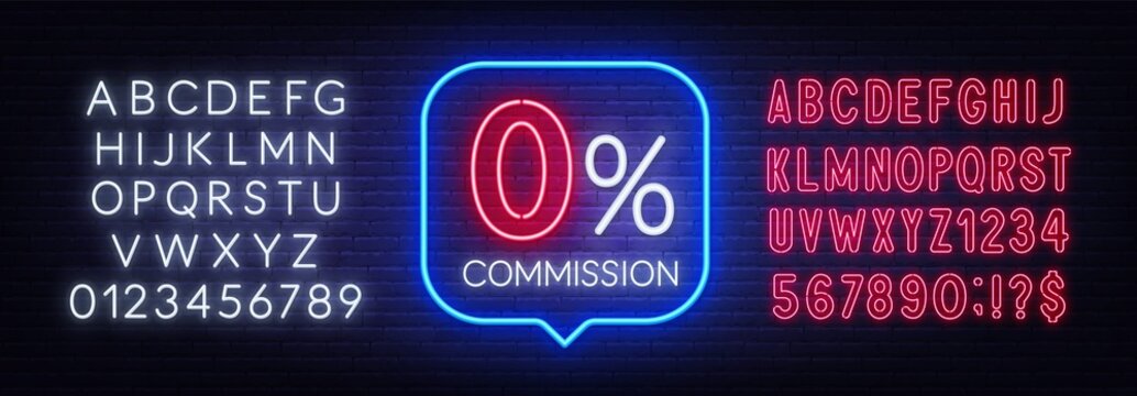 Zero percent commission neon sign in the speech bubble on brick wall background.