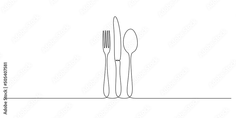Poster one continuous line drawing of food tools. spoon fork and knife for decoration restoran menu in simp
