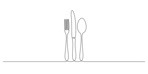 One continuous line drawing of food tools. Spoon Fork and Knife for decoration restoran menu in simple linear style. Hand drawn sign or logo cafe. Doodle vector illustration