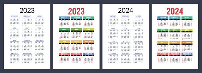 2023 and 2024 calendar set. Color vector pocket calender design. Week starts on Sunday. January, February, March, April, May, June, July, August, September, October, November, December - obrazy, fototapety, plakaty