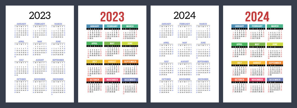 2023 and 2024 calendar set. Color vector pocket calender design. Week starts on Sunday. January, February, March, April, May, June, July, August, September, October, November, December