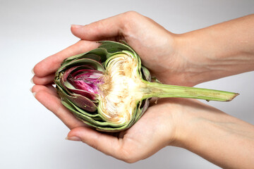 Fresh raw half cut artichokes in women's hands