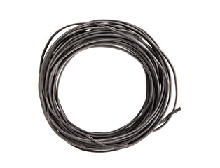 A coil of copper power cable in black insulation on a white background, isolate. Close-up