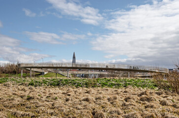 Reykjavik, Iceland, April 25, 2022: grassy landscape near Vatnsmyri airport with a pedestrian...