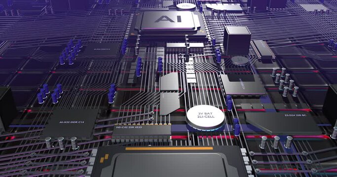 AI CPU Processor Motherboard Technology Background. Processing AI Data. Computer And Technology Related 4K 3D CG Animation.