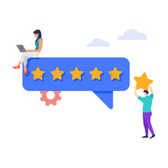 People giving five star feedback. Customer reviews stars with good and bad rate and text illustration.