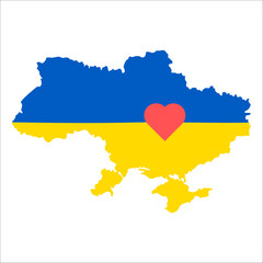silhouette of Ukraine with red heart. Defend Freedom in Ukrainian Flag Themed Illustration. International protest, Stop the war. On white Background 