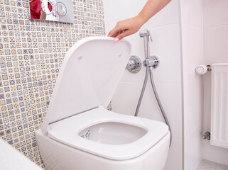 A woman's hand holds the toilet lid in the toilet. The concept of cleanliness and hygiene in the...