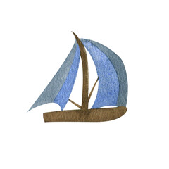 Watercolor wooden brown boat with blue sail in scandinavian style
