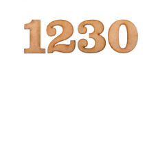 Number 1230 in wood, isolated on white background
