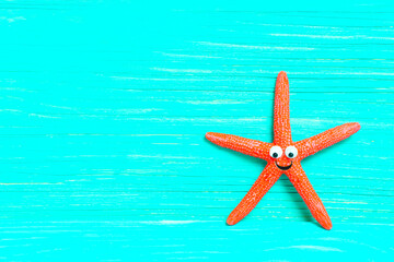 Fototapeta na wymiar Red starfish character on a turquoise background