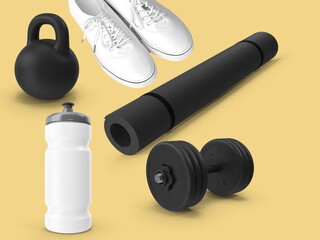  sports equipment sneakers  fitness mat dumbbell and water bottle on blue background ,template 