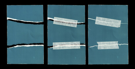 Old Blue Empty Aged Ripped Torn Damaged Paper Cardboard Photo Card Isolated on Black. Adhesive...