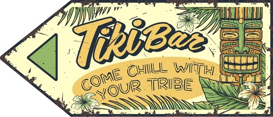 Tiki mask surfing summer bar poster. Tropical leaves, hawaiian vibes