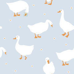 Cute seamless pattern with goose and doodle flowers. Geese in the grass. Vector illustration on light blue background