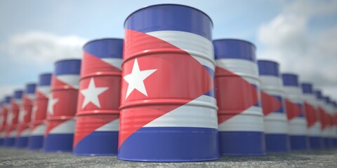 Fototapeta na wymiar Flag of Cuba on the barrels or steel drums. Chemical or oil industry related 3D rendering