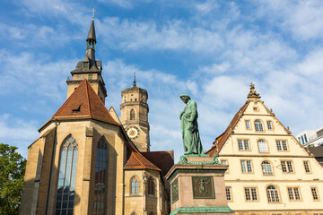 Stiftskirche with Schiller Denkmal (Schiller memorial). Located at the Schillerplatz in the city...