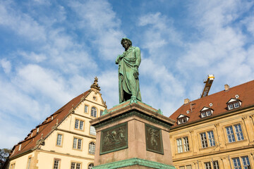 View on the Schiller memorial (Schillerdenkmal) in the city center of Stuttgart.