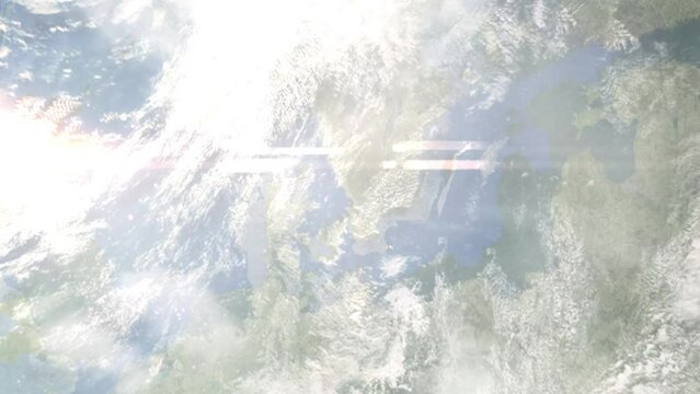 Earth zoom in from outer space to city. Zooming on Halmstad, Sweden. The animation continues by zoom out through clouds and atmosphere into space. Images from NASA