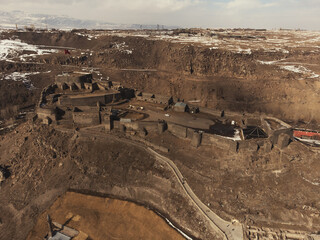 Aerial view of Kars Castle in winter