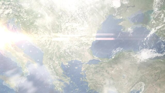 Earth zoom in from outer space to city. Zooming on Sliven, Bulgaria. The animation continues by zoom out through clouds and atmosphere into space. Images from NASA
