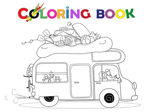Malvorlage Familie f&auml;hrt mit dem Wohnmobil in Sommerurlaub, 
Badeurlaub, Coloring Book, 
Vektor Illustration isoliert auf wei&szlig;
