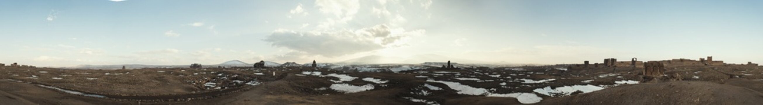 360 Degree panoramic shot of Ani Ancient city with some snow in winter.