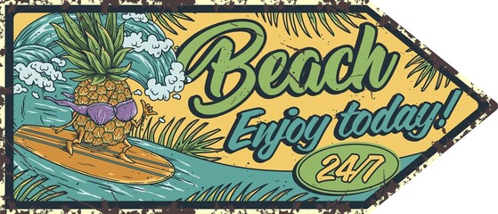 Fototapeta premium Summer vibes. Surfer sunny poster. Tiki mask on surf board on waves
