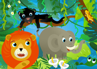 cartoon scene with jungle animals together illustration