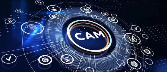 CAM Computer-aided manufacturing industrial technology automation concept. 3d illustration