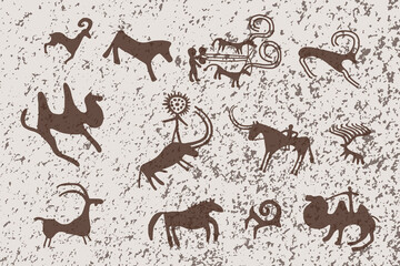 A series of petroglyphs, rock paintings of Central Asia (Kazakhstan), vector design