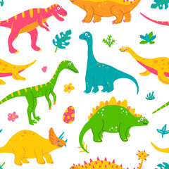 Fototapeta na wymiar Funny dinosaurs and tropical plants, childrens colorful print for fabric, postcards. Vector seamless pattern
