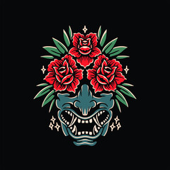 oni and roses tattoo vector design
