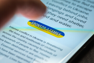 Obraz premium Close-up finger pressing sponsor family button on smartphone screen. Donation money online concept
