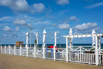 Closed due to windy weather, the veranda of a cafe on the shore of the Baltic Sea in the resort town of Zelenogradsk