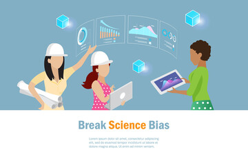 Break the science bias concept. Diversity woman engineering discuss with team use intelligence data and growth graph for analysing. Break the bias, discrimination, diversity equality and girl power.