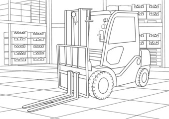 Anti stress coloring book for adults and children. Forklift in the warehouse of a large grocery store © Юлия Корниевич
