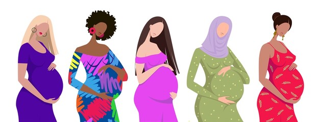 Pregnant girls of different nationalities. Future mothers. Set of vector illustrations with flat cartoon characters. - 505423514