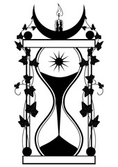 Vector illustration with candle, moon, sun, ivy and sandglass in black and white colors