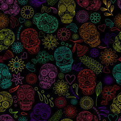 Day of the dead sugar skull pattern. Dia de los muertos print. Day of the dead and mexican Halloween. Mexican tradition festival texture. Dia de los Muertos tattoo skulls on black background.