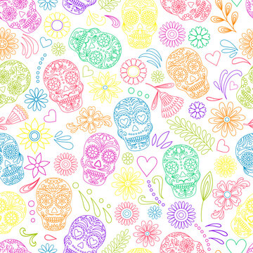 Day of the Dead skulls pattern. Dia de los muertos print. Day of the dead and mexican Halloween texture. Mexican tradition festival. Day of the dead sugar skull isolated. Dia de los Muertos tattoo 